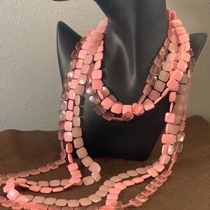 Vintage 50” triple strands of Pink Lucite Flapper Beaded Necklace 1950s-70s